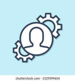 Blue line Human with gear inside icon isolated on blue background. Artificial intelligence. Thinking brain sign. Symbol work of brain.  Vector Illustration
