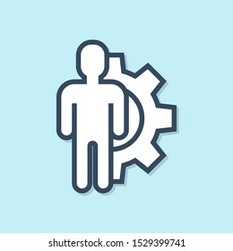 Blue line Human with gear inside icon isolated on blue background. Artificial intelligence. Thinking brain sign. Symbol work of brain.  Vector Illustration