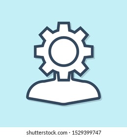 Blue line Human with gear inside icon isolated on blue background. Artificial intelligence. Thinking brain sign. Symbol work of brain.  Vector Illustration