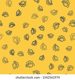 Blue line Human with gear inside icon isolated seamless pattern on yellow background. Artificial intelligence. Thinking brain sign. Symbol work of brain.  Vector Illustration