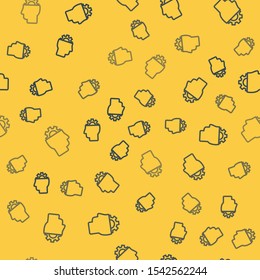 Blue line Human with gear inside icon isolated seamless pattern on yellow background. Artificial intelligence. Thinking brain sign. Symbol work of brain.  Vector Illustration