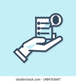Blue line Human hand holding with blank receipt or bill for payment icon isolated on blue background. Banking and business operations.  Vector Illustration