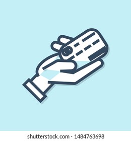 Blue line Human hand holding with credit card icon isolated on blue background. Online payment. Pay by card. Financial operations.  Vector Illustration