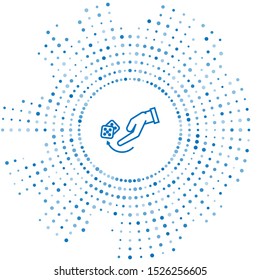 Blue line Human hand throwing game dice icon isolated on white background. Abstract circle random dots. Vector Illustration