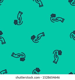 Blue line Human hand throwing game dice icon isolated seamless pattern on green background.  Vector Illustration