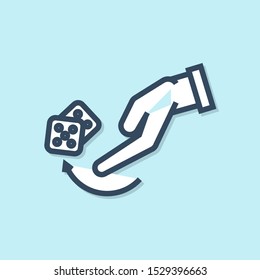 Blue line Human hand throwing game dice icon isolated on blue background.  Vector Illustration