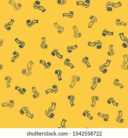 Blue line Human hand throwing game dice icon isolated seamless pattern on yellow background.  Vector Illustration