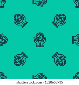 Blue line Human hands holding Earth globe icon isolated seamless pattern on green background. Save earth concept.  Vector Illustration