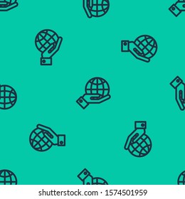 Blue line Human hands holding Earth globe icon isolated seamless pattern on green background. Save earth concept.  Vector Illustration