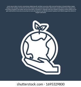 Línea azul Manos humanas sujetando un icono de la Tierra aislado sobre fondo azul. Salvemos el concepto de tierra. Ilustración vectorial