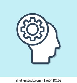 Blue line Human head with gear inside icon isolated on blue background. Artificial intelligence. Thinking brain sign. Symbol work of brain.  Vector Illustration