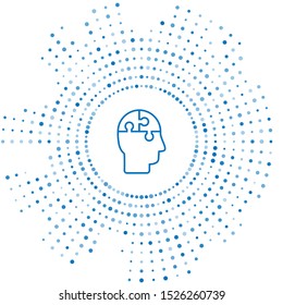 Blue line Human head puzzles strategy icon isolated on white background. Thinking brain sign. Symbol work of brain. Abstract circle random dots. Vector Illustration