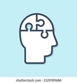Blue line Human head puzzles strategy icon isolated on blue background. Thinking brain sign. Symbol work of brain.  Vector Illustration