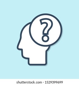 Blue line Human head with question mark icon isolated on blue background.  Vector Illustration