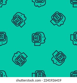 Línea azul Icono de robot humanoide aislado sin fisuras en fondo verde. Inteligencia artificial, aprendizaje automático, computación en la nube.  Vector