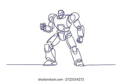Eine blaue Linie eines humanoiden Roboters, der mit einem gebogenen Bein und einem angehobenen Arm steht