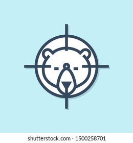 Blue line Hunt on bear with crosshairs icon isolated on blue background. Hunting club logo with bear and target. Rifle lens aiming a bear.  Vector Illustration