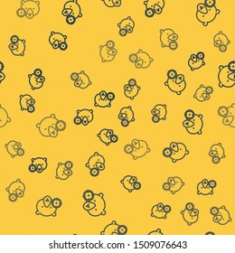 Blue line Hunt on bear with crosshairs icon isolated seamless pattern on yellow background. Hunting club logo with bear and target. Rifle lens aiming a bear.  Vector Illustration
