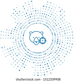 Blue line Hunt on bear with crosshairs icon isolated on white background. Hunting club logo with bear and target. Rifle lens aiming a bear. Abstract circle random dots. Vector Illustration