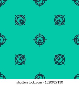 Blue line Hunt on bear with crosshairs icon isolated seamless pattern on green background. Hunting club logo with bear and target. Rifle lens aiming a bear.  Vector Illustration
