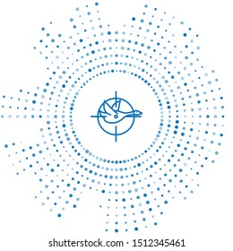 Blue line Hunt on duck with crosshairs icon isolated on white background. Hunting club logo with duck and target. Rifle lens aiming a duck. Abstract circle random dots. Vector Illustration