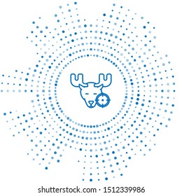 Blue line Hunt on moose with crosshairs icon isolated on white background. Hunting club logo with moose and target. Rifle lens aiming a moose. Abstract circle random dots. Vector Illustration