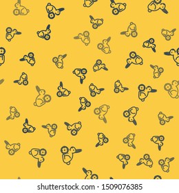 Blue line Hunt on rabbit with crosshairs icon isolated seamless pattern on yellow background. Hunting club logo with rabbit and target. Rifle lens aiming a hare.  Vector Illustration