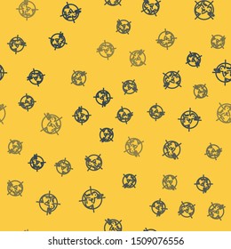 Blue line Hunt on rabbit with crosshairs icon isolated seamless pattern on yellow background. Hunting club logo with rabbit and target. Rifle lens aiming a hare.  Vector Illustration