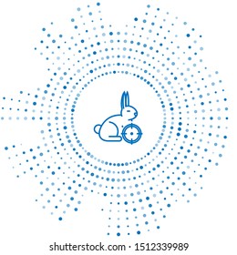 Blue line Hunt on rabbit with crosshairs icon isolated on white background. Hunting club logo with rabbit and target. Rifle lens aiming a hare. Abstract circle random dots. Vector Illustration
