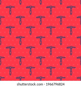 Blue line Ice axe icon isolated seamless pattern on red background. Montain climbing equipment.  Vector