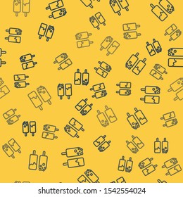 Blue line Ice cream icon isolated seamless pattern on yellow background. Sweet symbol.  Vector Illustration