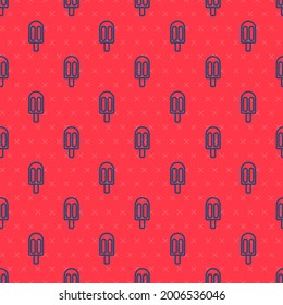 Blue line Ice cream icon isolated seamless pattern on red background. Sweet symbol.  Vector Illustration