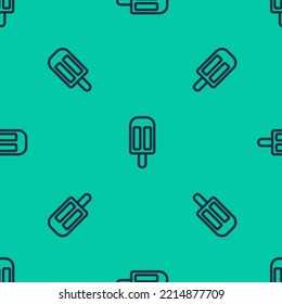 Blue line Ice cream icon isolated seamless pattern on green background. Sweet symbol.  Vector