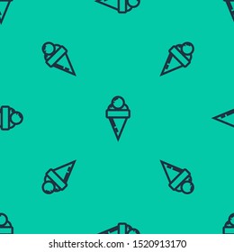 Blue line Ice cream in waffle cone icon isolated seamless pattern on green background. Sweet symbol.  Vector Illustration