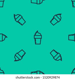 Blue line Ice cream in waffle cone icon isolated seamless pattern on green background. Sweet symbol.  Vector Illustration