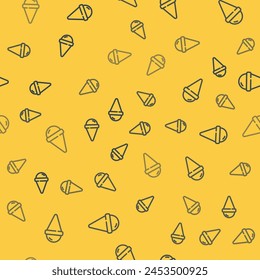 Blue line Ice cream in waffle cone icon isolated seamless pattern on yellow background. Sweet symbol.  Vector