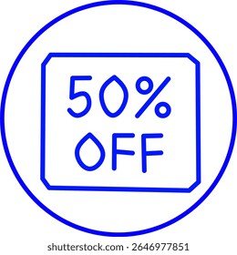Icono de línea azul de un 50% de descuento dentro de un círculo. 