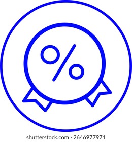 blue line icon of a buy online get one  inside a circle. 
