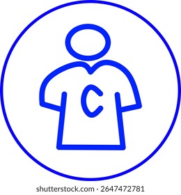 ícone de linha azul de um capitão dentro de um círculo, ícone de linha azul com tema de futsal em um círculo