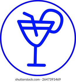 Icono de línea azul de un cóctel dentro de un círculo. 