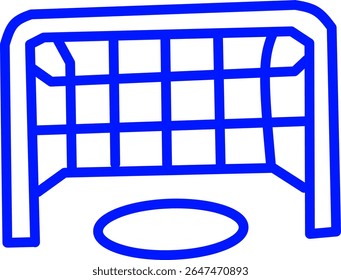 blue line icon of a goal inside a circle, ice hockey themed blue line icon in a circle