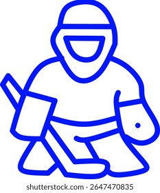 blue line icon of a goaltender inside a circle, ice hockey themed blue line icon in a circle