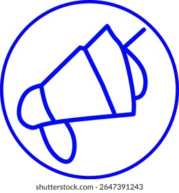Icono de línea azul de un megáfono dentro de un círculo. 