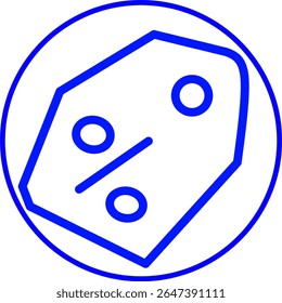 blue line icon of a price tag inside a circle. 
