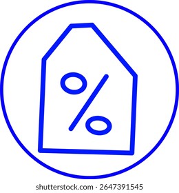 blue line icon of a sale inside a circle. 