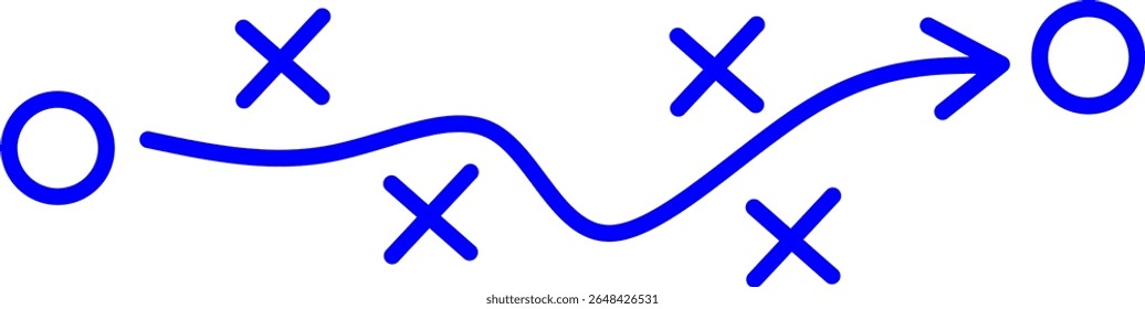 Ícone de linha azul mostrando uma estratégia esportiva ou diagrama de jogo com setas e posições do jogador. Ideal para treinamento, materiais de treinamento e ilustrações de planejamento de jogos.
