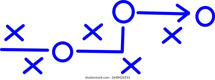 Ícone de linha azul mostrando uma estratégia esportiva ou diagrama de jogo com setas e posições do jogador. Ideal para treinamento, materiais de treinamento e ilustrações de planejamento de jogos.