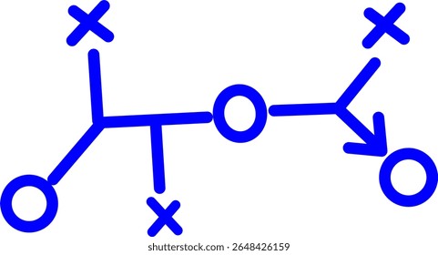 Blue line icon showing a tactical sports play with arrows, circles, and X symbols. Ideal for game strategy, coaching materials, and sports training visuals.