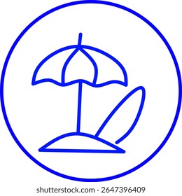 blue line icon of a sun umbrela inside a circle. 