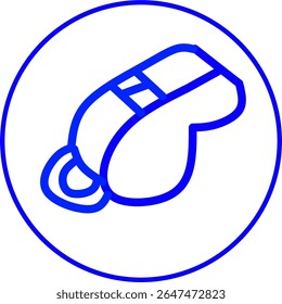 blue line icon of a whistle inside a circle, futsal themed blue line icon in a circle